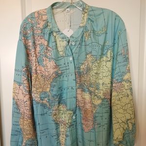 Map Print blouse XXL green long sleeves